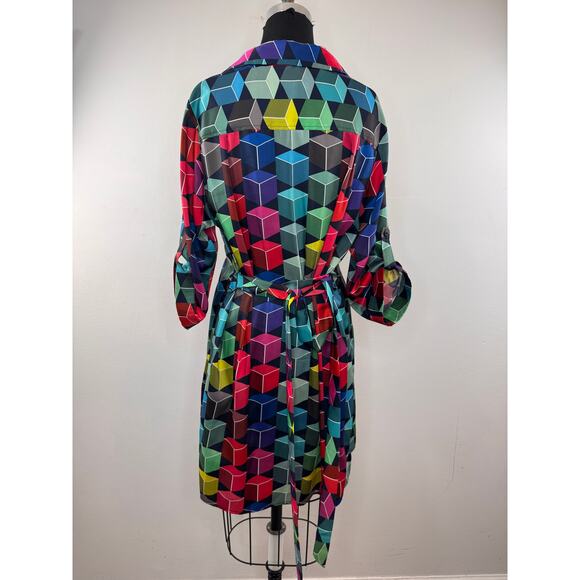 MILLY Geometric Shirt Dress Cube Collared Tie Back 3/4 Sleeve Button-Up Large L - Picture 4 of 7